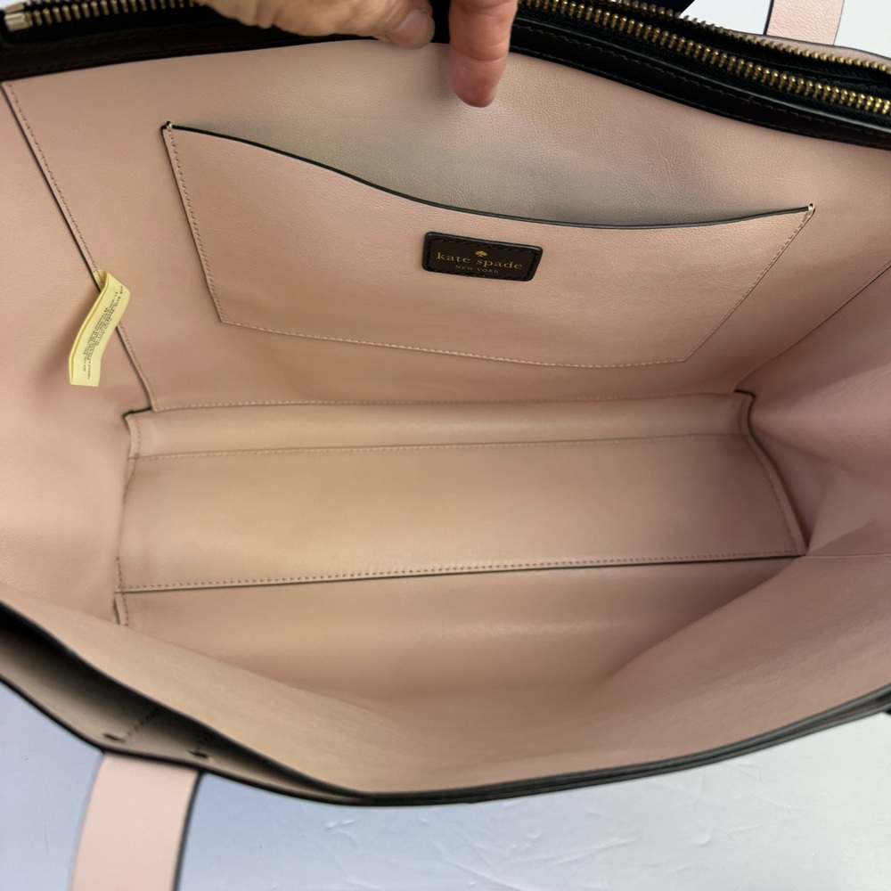 Kate Spade Black Pale Pink Leather Large Work Tote Bag 12x14 - Picture 15 of 16